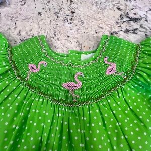 Green Polka Dot Dress with Flamingo Embroidery